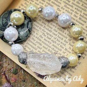 Massive raw clear phantom quartz and Pearl western style Silver Bracelet